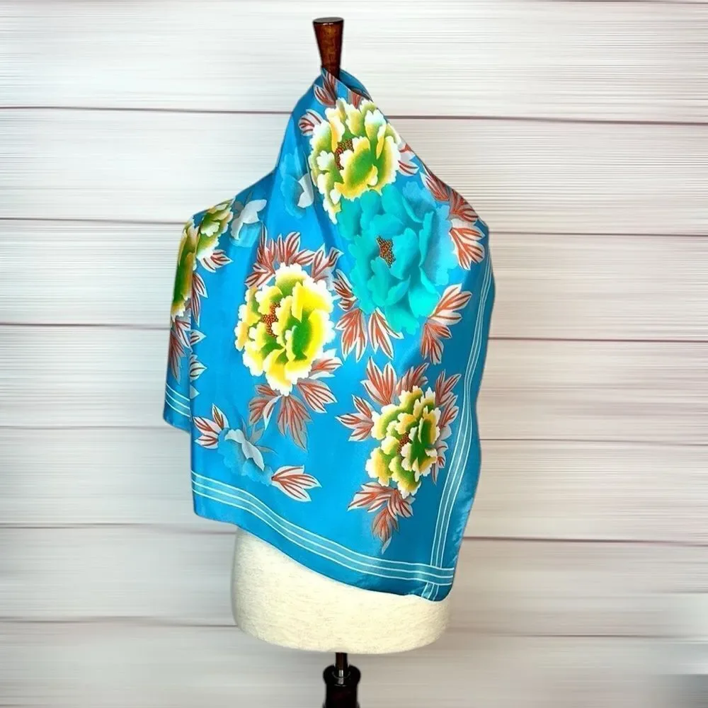 Elaine Gold for Collection XIIX Silk Square Scarf Floral Blue Gold made in Japan